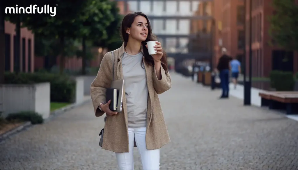 Woman holding coffee and notebook while walking calmly through urban environment, representing mindful stress management and self-care during work challenges