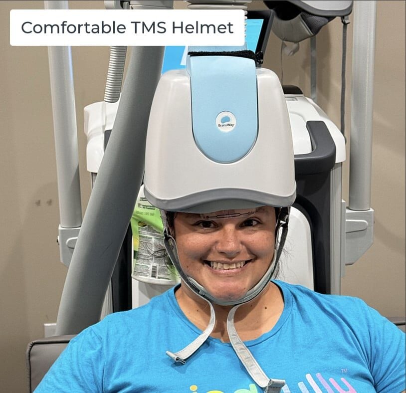 Client wearing comfortable Deep TMS Therapy helmet during TMS therapy treatment for major depression in Ohio