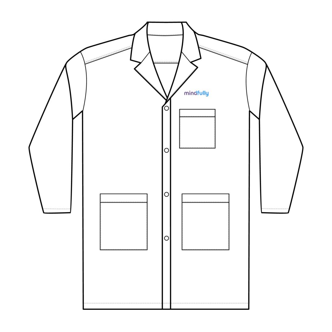 A line drawing of a white lab coat with the "mindfully" logo embroidered on the chest.
