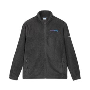 Front view of a dark grey full-zip fleece jacket featuring the Mindfully logo.