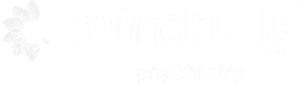 Mindfully Psychiatry logo featuring the brand name and a stylized floral icon in white.