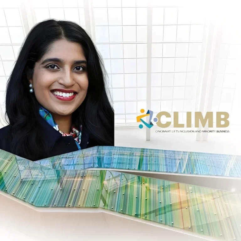 Smiling professional woman featured next to the CLIMB logo with a stylized glass architectural foreground.