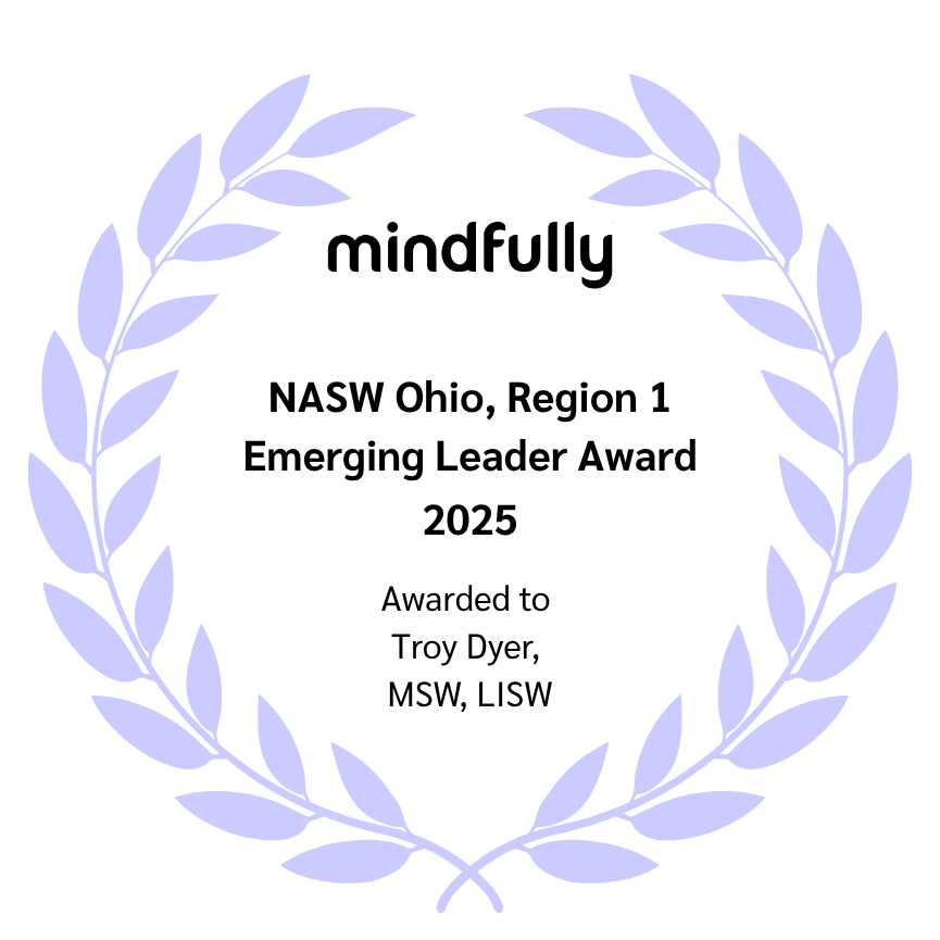 Mindfully Behavioral Health banner recognizing therapist Troy Dyer for receiving the NASW Region 1 Emerging Leader Award.