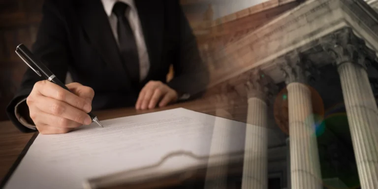 Professional in a suit signing a document with a courthouse overlay, representing legal or court-related services.