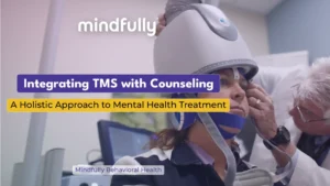 A clinician assisting a patient with a TMS therapy helmet during a session, illustrating the integration of Transcranial Magnetic Stimulation with counseling for holistic mental health care.