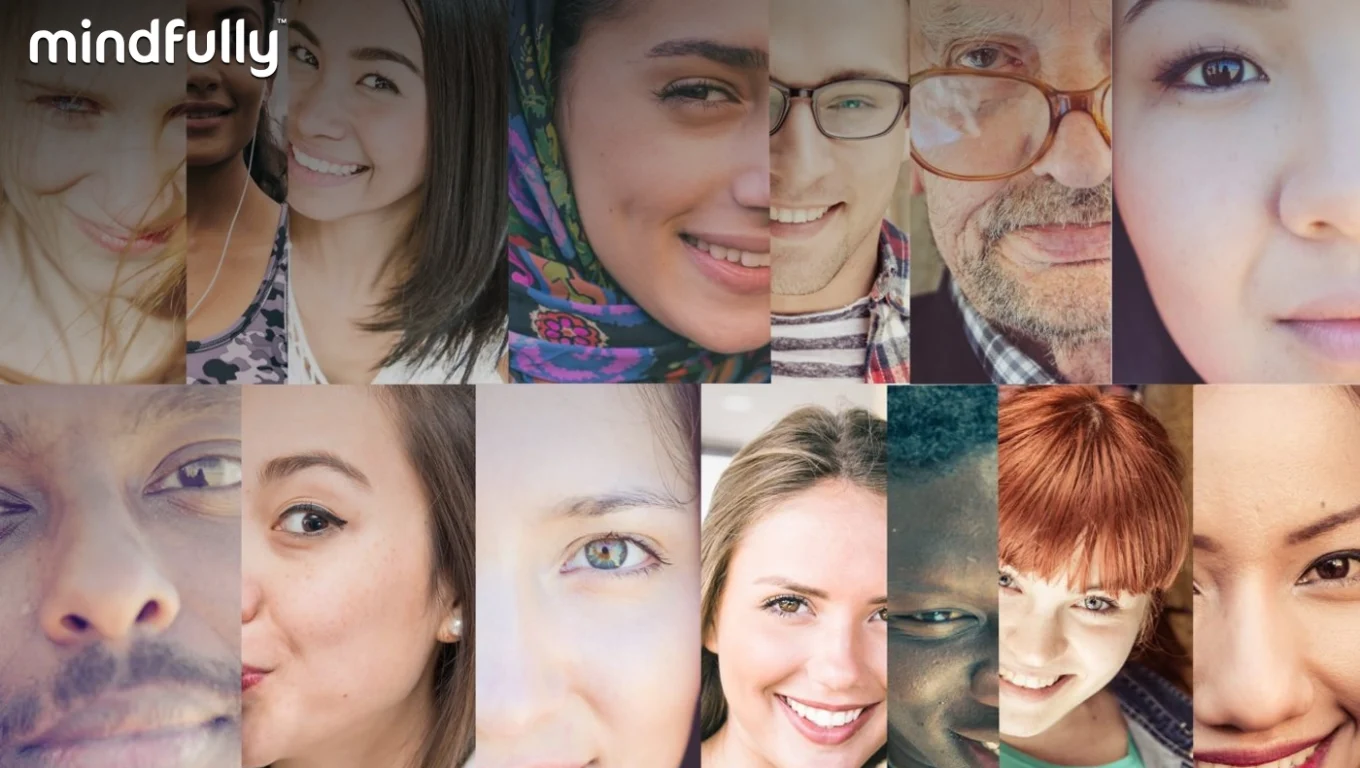 A collage featuring diverse individuals with various facial expressions and features